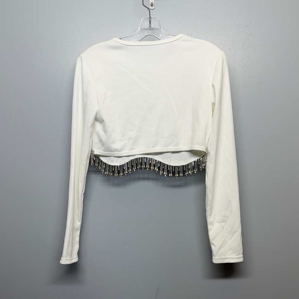 White Ribbed Long Sleeve Crop Top with Rhinestone Detail SIZE L - Picture 6 of 6